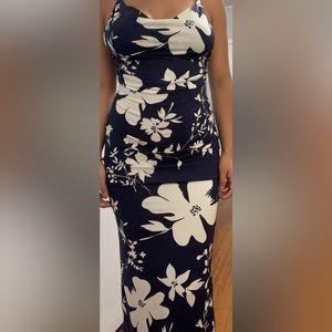 Women’s Floral Long Dark Blue Waist Shaper Dress